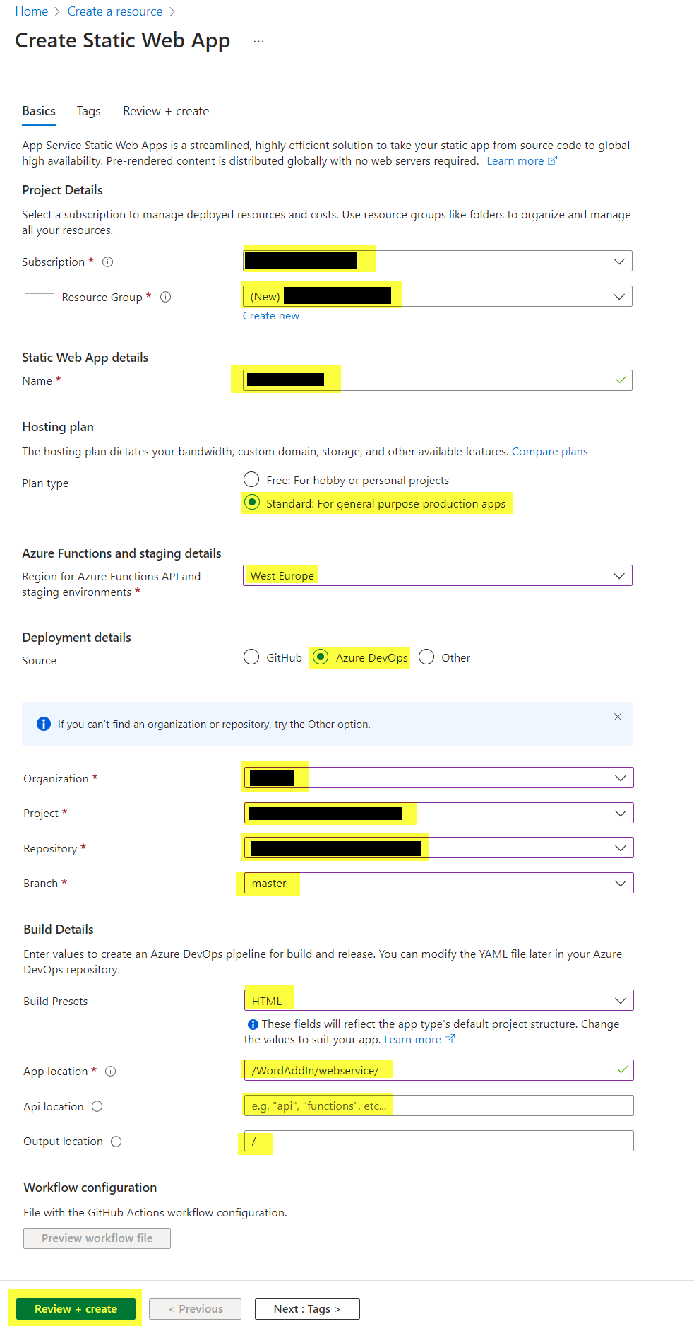 Static Web App Settings